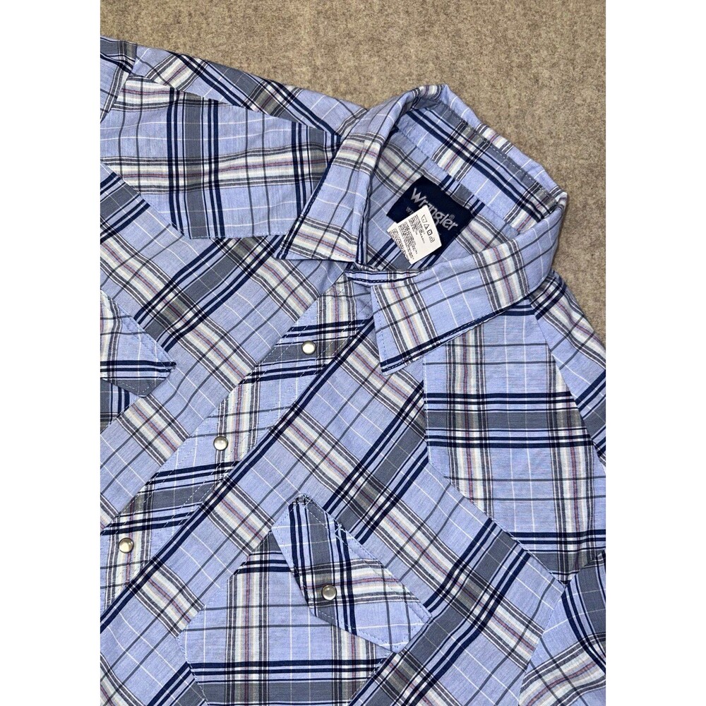 Vintage Wrangler Western Shirt XXL Blue Plaid Short Sleeve Pearl Snap Pockets